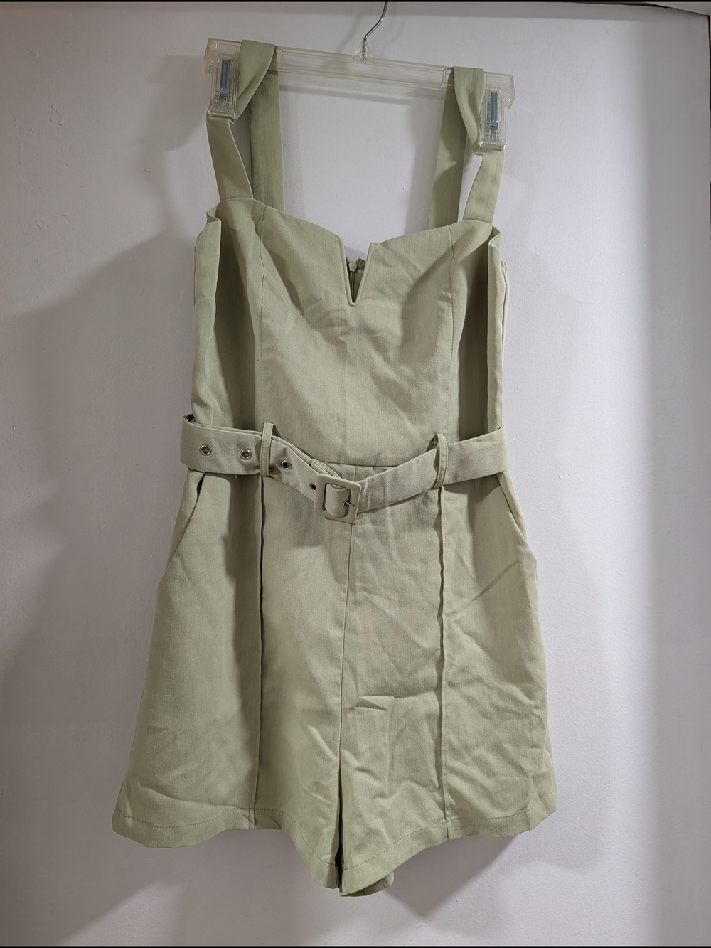 Cider Sage Green Belted Romper Jumpsuit